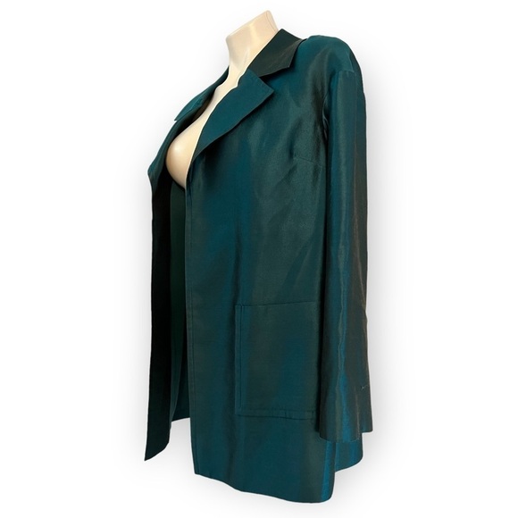 ST. JOHN COUTURE Sharkskin Silk Wool Blend Teal Open Front Jacket Blazer Size 8 - Picture 3 of 10